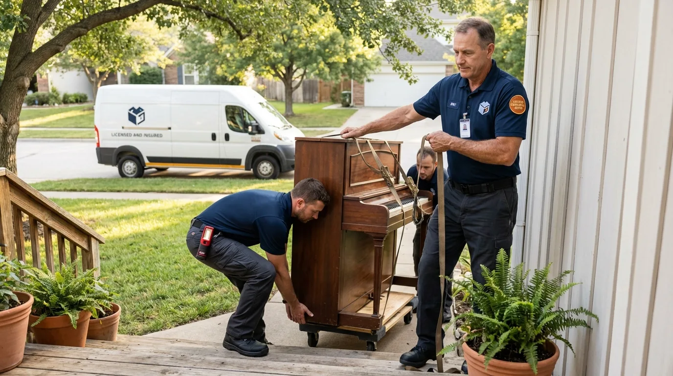 Licensed piano movers securing grand piano in Topton, PA