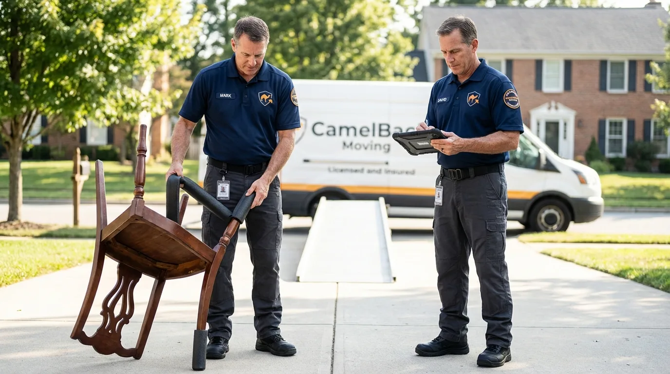 Movers inspecting furniture for damage prevention before loading in Topton, PA
