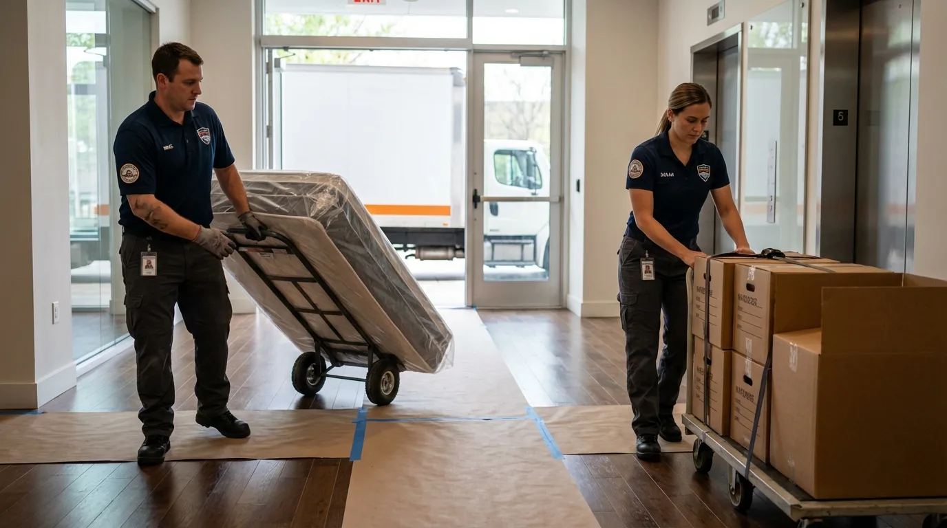 Professional apartment movers loading elevator in Topton, PA