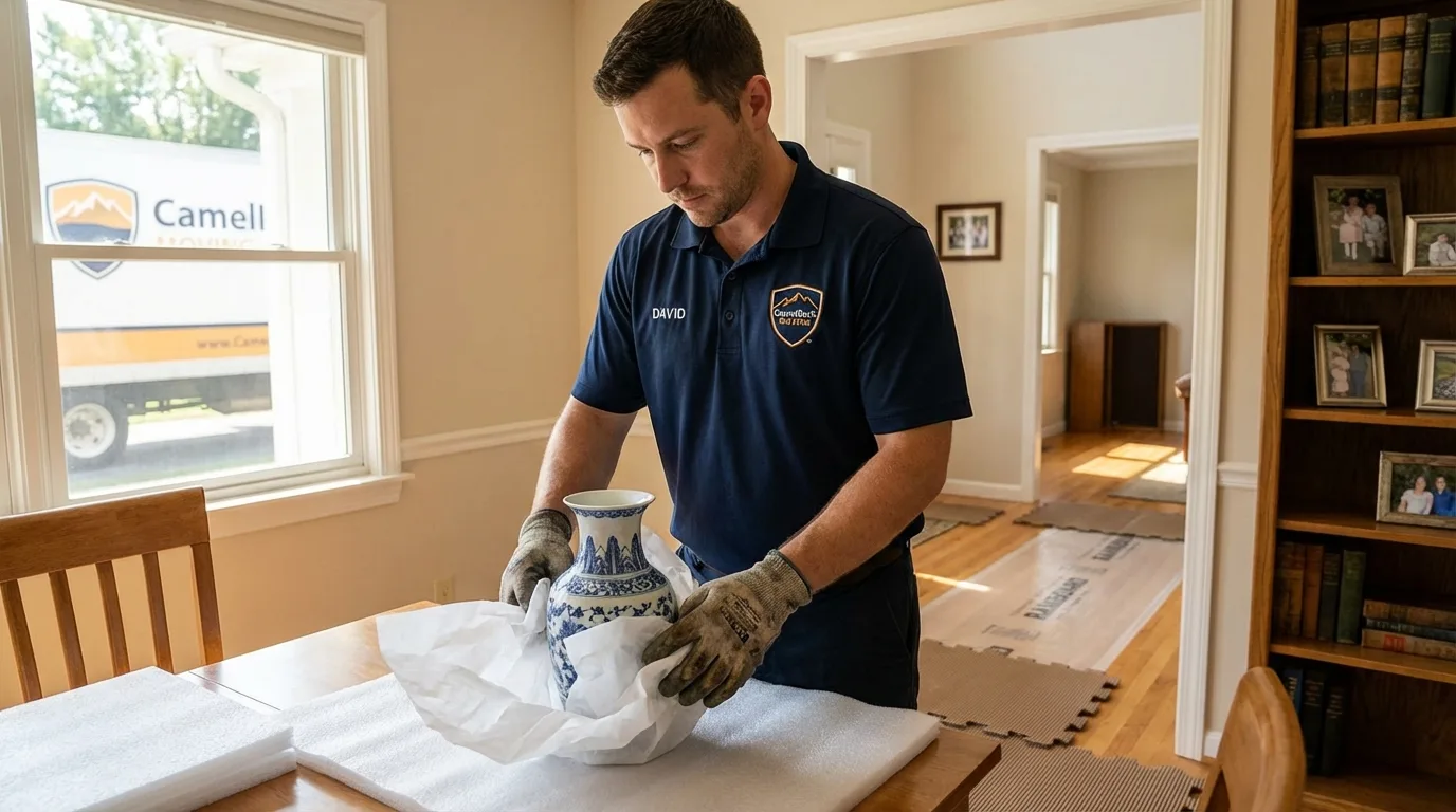 Professional crew carefully wrapping antique vase for senior downsizing move in Topton, PA
